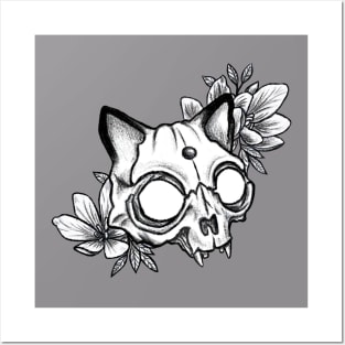Cat skull with flowers Posters and Art